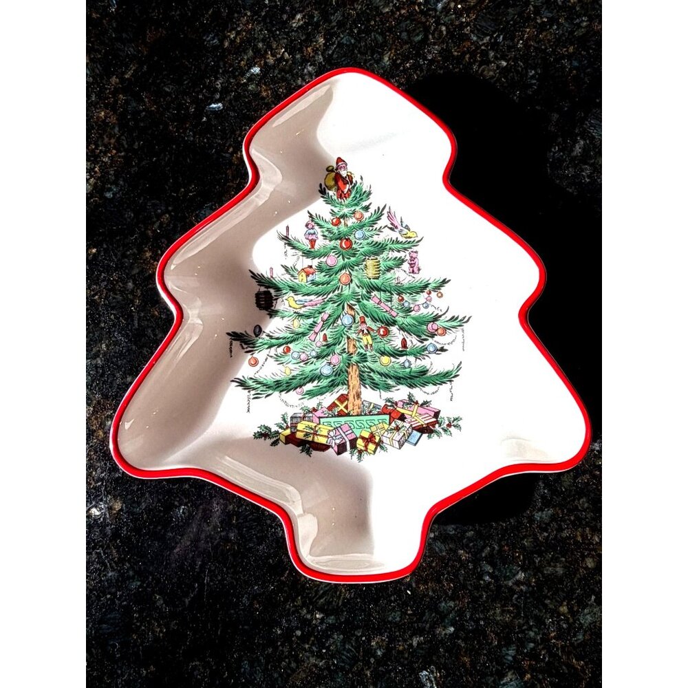 Spode Christmas Tree, Red Rimmed Tree Shaped Trinket Dish, England